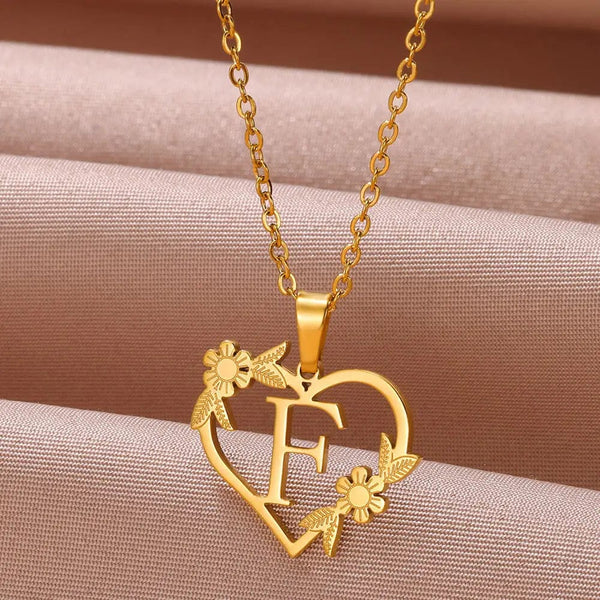 Planet Gates F / 45cm / CHINA Gold Color Dainty Flower Initials Necklace Women Girl Stainless Steel Heart Letter Choker Necklace Best Gifts Alphabet Jewelry