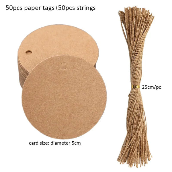 Planet Gates F-dia 5cm-kraft 50pcs Kraft Paper Tags White Cardboard Cards with Strings Wedding Birthday Christmas Party Gift Tag Cookie Packaging Supplies