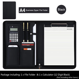 Planet Gates F Folder Calculator University A4 Leather Portfolio Folder for Document Holder Desk Organizer Man Executive Briefcase Zippered Calculator for Office