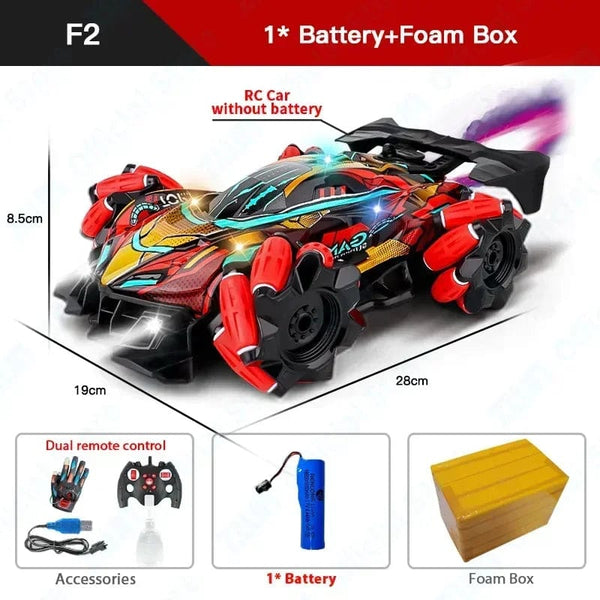 Planet Gates F2 Red Foam box Dual Remote Control Drift Rc Car Led Light Music 2.4g Gloves Gesture Radio Control Spray Stunt Car 4wd Electric Children Toys