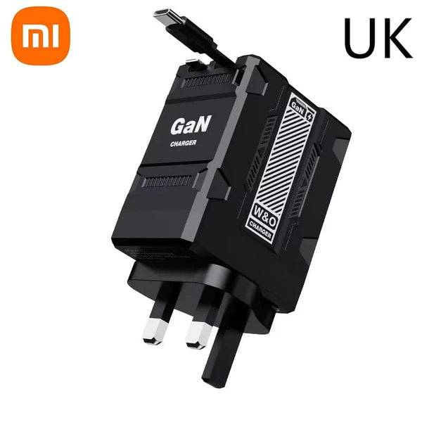Planet Gates F2 UK Black Xiaomi 120W GaN Fast Charger Compatible  With Retractable Type-c And Ligtning Cable Portable Adapter For Iphone 16 Ipad Macbook