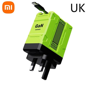 Planet Gates F2 UK Green Xiaomi 120W GaN Fast Charger Compatible  With Retractable Type-c And Ligtning Cable Portable Adapter For Iphone 16 Ipad Macbook