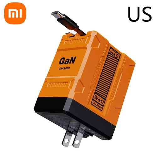 Planet Gates F2 US Orange Xiaomi 120W GaN Fast Charger Compatible  With Retractable Type-c And Ligtning Cable Portable Adapter For Iphone 16 Ipad Macbook