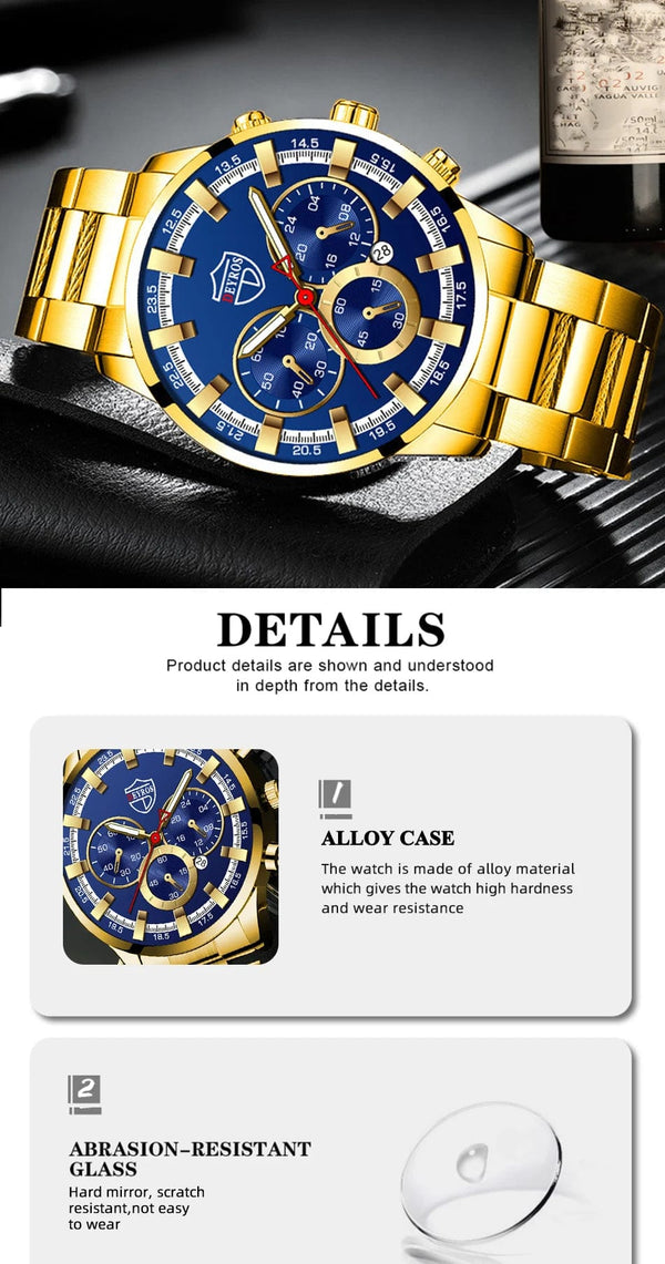 Planet Gates Fashion Men's Watches Business Stainless Steel Quartz Wrist Watch Calendar Date Male Casual Sports Luminous Clock