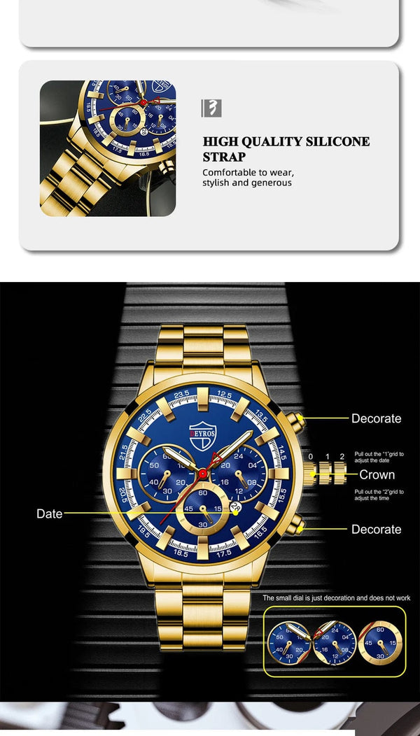 Planet Gates Fashion Men's Watches Business Stainless Steel Quartz Wrist Watch Calendar Date Male Casual Sports Luminous Clock