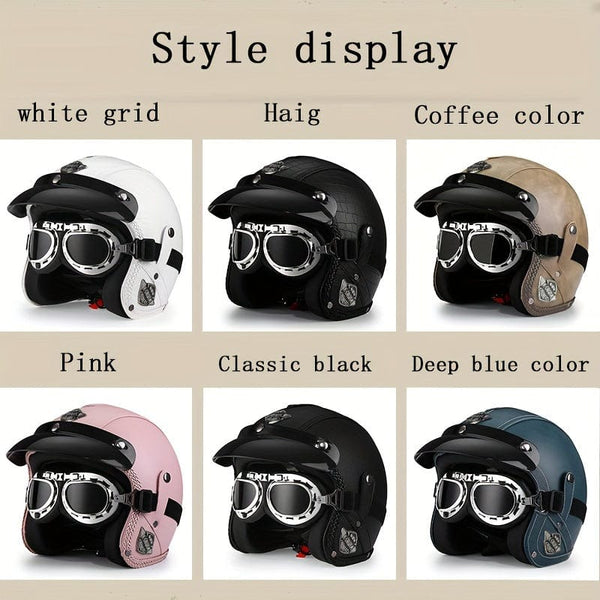 Planet Gates Faux Leather Retro Motorcycle Helmet 4/3 Half Helmet Motorcycle Electric Motorcycle Four Seasons Universal 3C Safety Certified Helmet