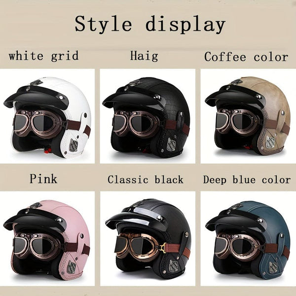Planet Gates Faux Leather Retro Motorcycle Helmet 4/3 Half Helmet Motorcycle Electric Motorcycle Four Seasons Universal 3C Safety Certified Helmet