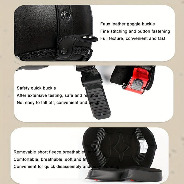 Planet Gates Faux Leather Retro Motorcycle Helmet 4/3 Half Helmet Motorcycle Electric Motorcycle Four Seasons Universal 3C Safety Certified Helmet