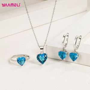 Planet Gates Fine 925 Sterling Silver Color Jewelry Gift Sets for Women Female Romantic Heart Zircon Huggie Earrings Pendant Necklace Ring