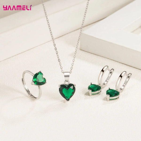 Planet Gates Fine 925 Sterling Silver Color Jewelry Gift Sets for Women Female Romantic Heart Zircon Huggie Earrings Pendant Necklace Ring