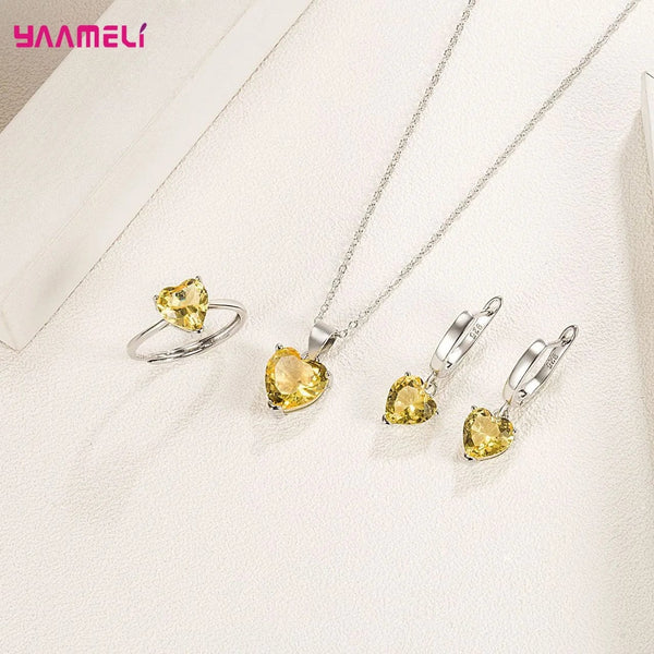 Planet Gates Fine 925 Sterling Silver Color Jewelry Gift Sets for Women Female Romantic Heart Zircon Huggie Earrings Pendant Necklace Ring