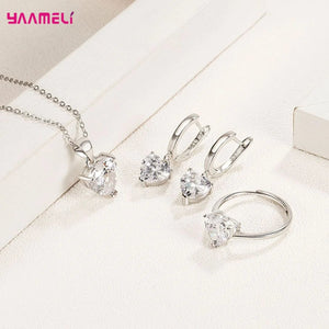 Planet Gates Fine 925 Sterling Silver Color Jewelry Gift Sets for Women Female Romantic Heart Zircon Huggie Earrings Pendant Necklace Ring