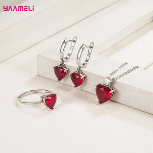 Planet Gates Fine 925 Sterling Silver Color Jewelry Gift Sets for Women Female Romantic Heart Zircon Huggie Earrings Pendant Necklace Ring