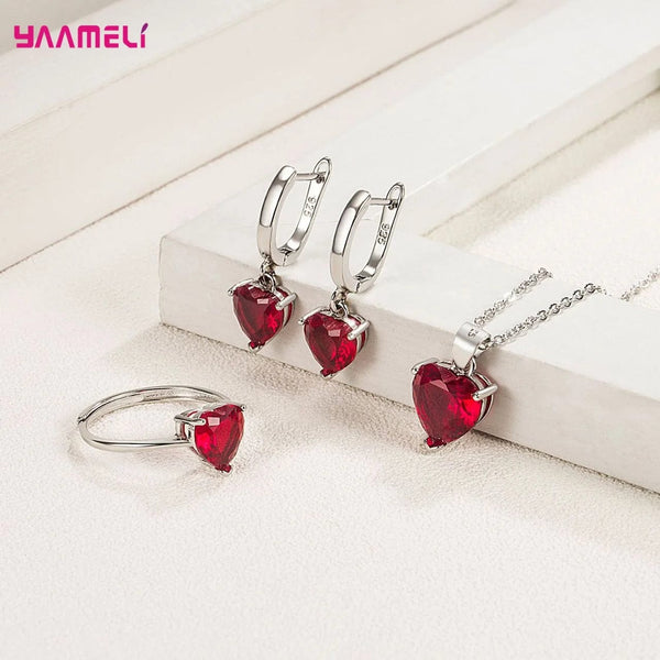 Planet Gates Fine 925 Sterling Silver Color Jewelry Gift Sets for Women Female Romantic Heart Zircon Huggie Earrings Pendant Necklace Ring