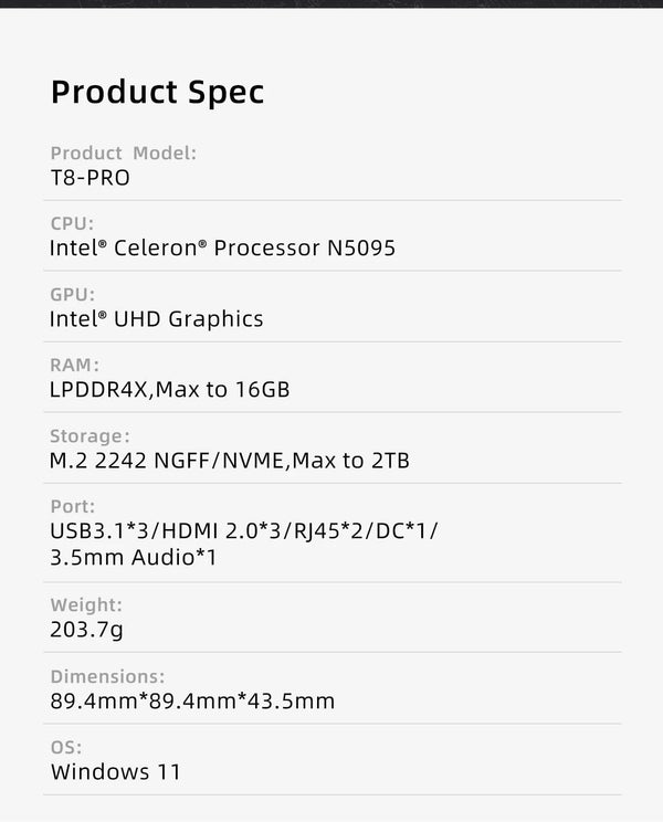 Planet Gates FIREBAT T8 Pro Plus Mini PC Intel Celeron N5095 N100 Desktop Gaming Computer 8GB 16GB 256GB 512GB DDR4 DDR5 WIFI5 BT4.2