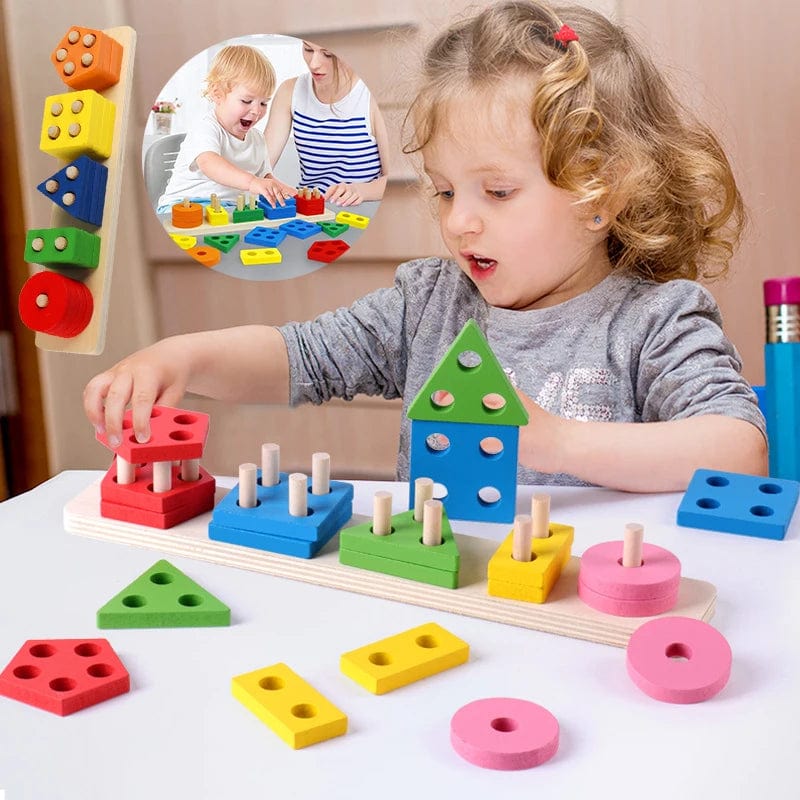 Planet Gates Five set columns Montessori Wooden Geometric Shape Five Sets of Columns Blocks Assembling Children's Enlightenment Early Education Puzzle Toys