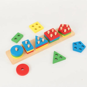 Planet Gates Five set columns Montessori Wooden Geometric Shape Five Sets of Columns Blocks Assembling Children's Enlightenment Early Education Puzzle Toys