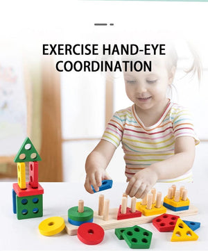 Planet Gates Five set columns Montessori Wooden Geometric Shape Five Sets of Columns Blocks Assembling Children's Enlightenment Early Education Puzzle Toys