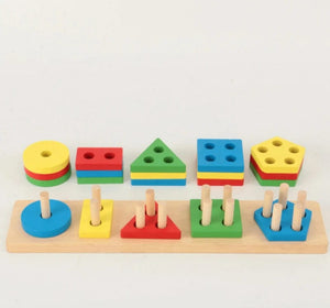 Planet Gates Five set columns Montessori Wooden Geometric Shape Five Sets of Columns Blocks Assembling Children's Enlightenment Early Education Puzzle Toys