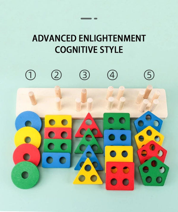 Planet Gates Five set columns Montessori Wooden Geometric Shape Five Sets of Columns Blocks Assembling Children's Enlightenment Early Education Puzzle Toys