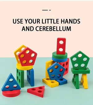 Planet Gates Five set columns Montessori Wooden Geometric Shape Five Sets of Columns Blocks Assembling Children's Enlightenment Early Education Puzzle Toys