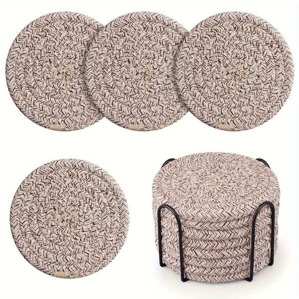 Planet Gates Flax 8pcs, Round Fabric Coasters, Thermal Insulation Mat For Household Kitchen Tables, Round Cotton Rope Woven Meal Pad, Plate Mat, Cup Mat, Pot Mat, Hanging Home Decoration