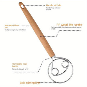 Planet Gates Flour Blender 1pc, stainless Steel manual dough mixer (10.43"x2.95"), Handheld Flour Beater with Wooden Handle, Non-Stick baking Tool, egg Whisk, Kitchen gadget for Bread making, Pastry, and Cake