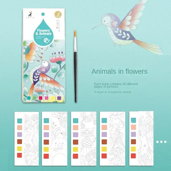 Planet Gates Flower Animal 20 Sheets Portable Children Watercolor Painting Book Paint with Water Kids Gouache Graffiti Picture Coloring Drawing Toys Gifts