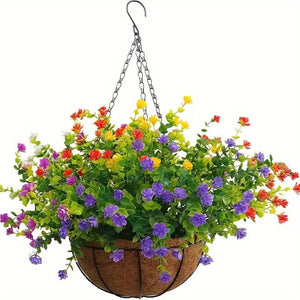 Planet Gates Flower Basket Set Without Persian Leaves 1pc, Artificial Hanging Flowers In Basket, Patio Garden Decor, Artificial Hanging Plant In Basket, Coconut Lining Hanging Baskets With Begonia, The Decoration Of Outdoors And Indoors Decor
