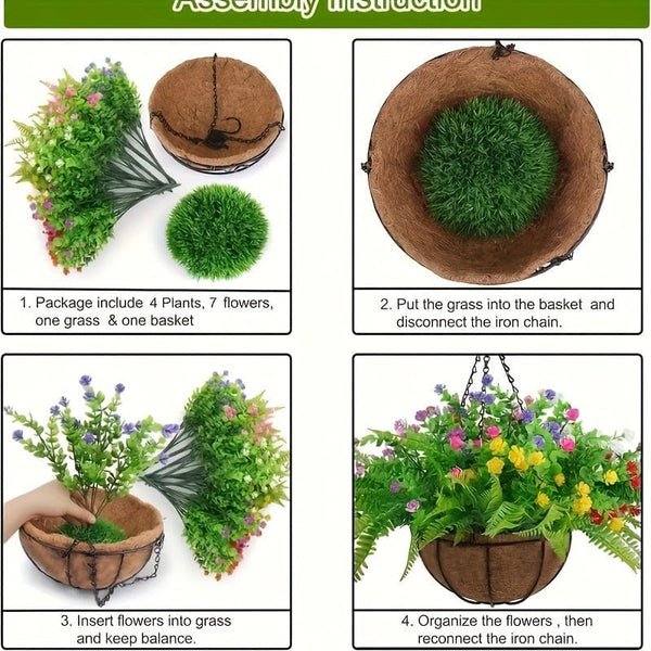 Planet Gates Flower Basket Set Without Persian Leaves 1pc, Artificial Hanging Flowers In Basket, Patio Garden Decor, Artificial Hanging Plant In Basket, Coconut Lining Hanging Baskets With Begonia, The Decoration Of Outdoors And Indoors Decor