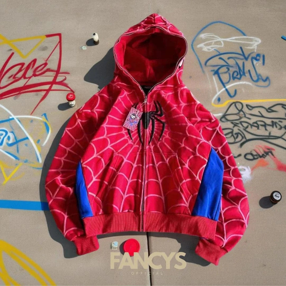 Planet Gates Foam printing Y2k clothing Spider web Red hoodie sweatshirt zipper warm Harajuku punk grunge Women Hip hop sweatshirt Hoodie