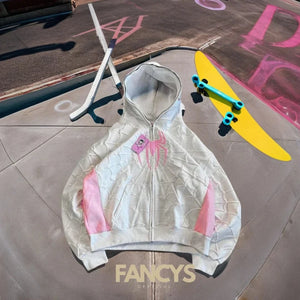 Planet Gates Foam printing Y2k clothing Spider web Red hoodie sweatshirt zipper warm Harajuku punk grunge Women Hip hop sweatshirt Hoodie