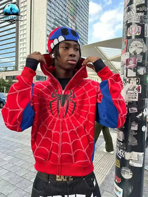 Planet Gates Foam printing Y2k clothing Spider web Red hoodie sweatshirt zipper warm Harajuku punk grunge Women Hip hop sweatshirt Hoodie