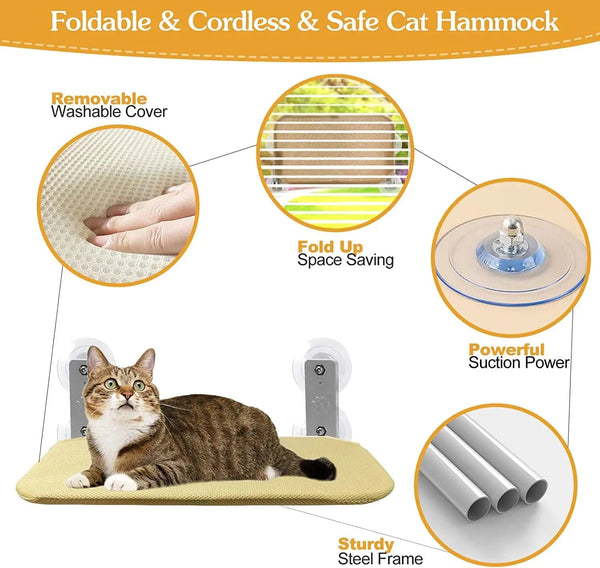 Planet Gates Foldable Cat Window Perch Cordless Cat Window Hammock with 4 Strong Suction Cups Windowsill Cat Beds Seat for Indoor Cats Inside