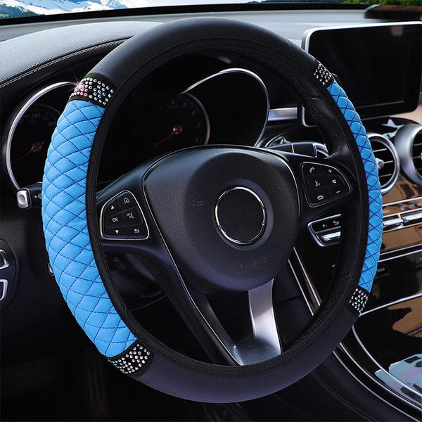 Planet Gates Four Seasons Universal Car Steering Wheel Cover 37-38cm Leather Embroidered Color Diamond-Studded Elastic Steering Wheel Cover