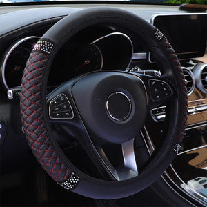 Planet Gates Four Seasons Universal Car Steering Wheel Cover 37-38cm Leather Embroidered Color Diamond-Studded Elastic Steering Wheel Cover