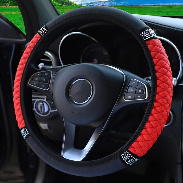 Planet Gates Four Seasons Universal Car Steering Wheel Cover 37-38cm Leather Embroidered Color Diamond-Studded Elastic Steering Wheel Cover
