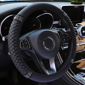 Planet Gates Four Seasons Universal Car Steering Wheel Cover 37-38cm Leather Embroidered Color Diamond-Studded Elastic Steering Wheel Cover
