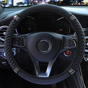 Planet Gates Four Seasons Universal Car Steering Wheel Cover 37-38cm Leather Embroidered Color Diamond-Studded Elastic Steering Wheel Cover