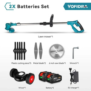 Planet Gates france / 2 Battery EU Plug 1500W 7 Inch Cordless Electric Lawn Mower Length Adjustable Handheld Rechargeable Garden Pruning Tools For Makita 18V Battery