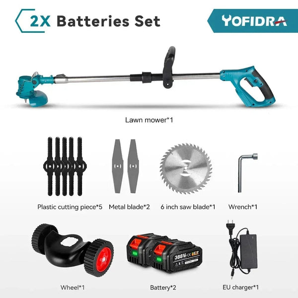 Planet Gates france / 2 Battery EU Plug 1500W 7 Inch Cordless Electric Lawn Mower Length Adjustable Handheld Rechargeable Garden Pruning Tools For Makita 18V Battery