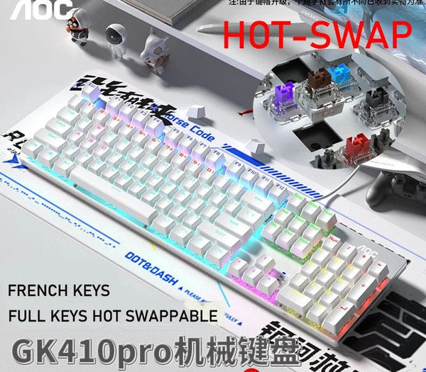 Planet Gates French Black Caps / BLACK SWITCH GK410 104 Full Keys Hot Swap Metal Panel Mechanical Keyboard RGB Light Green Black Tea Redaxis non-impact game computer keyboard