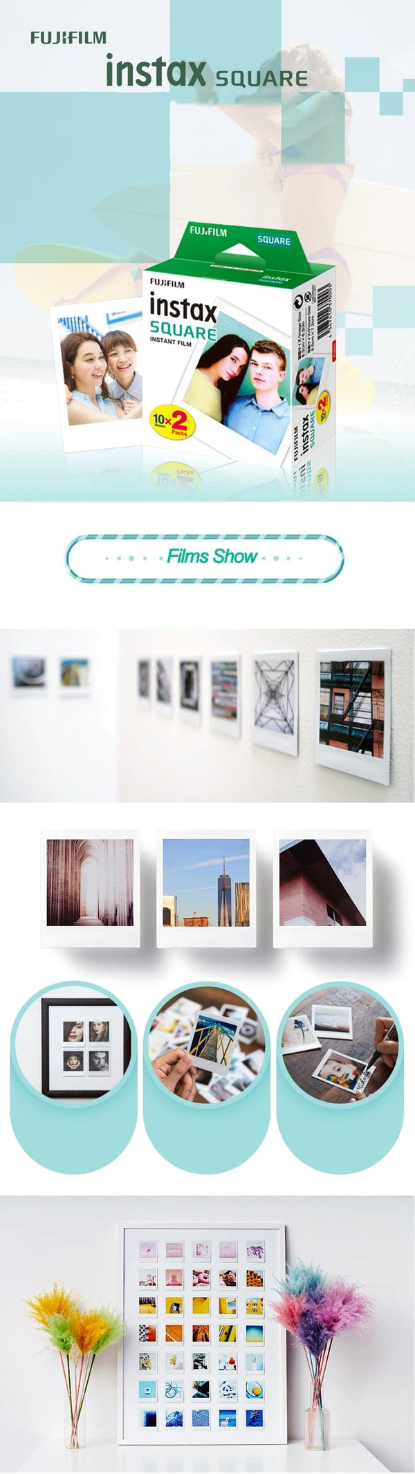 Planet Gates Fujifilm Instax Square White Edge Black Films Photo Paper (10-200 pcs) for Instax SQ10 SQ6 Instant Camera Share SP-3 Printer