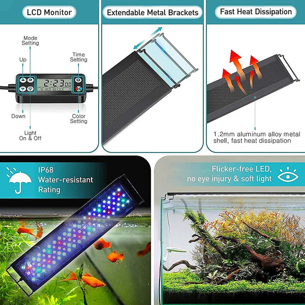 Planet Gates Fullgain 24/7 LCD Aquarium Light Full Spectrum Waterproof  Aluminum Alloy Extendable Aqua LED Bar Lightings  for Plant Growth
