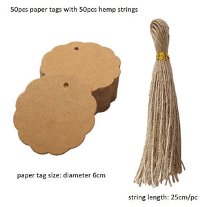 Planet Gates G-dia 6cm-kraft 50pcs Kraft Paper Tags White Cardboard Cards with Strings Wedding Birthday Christmas Party Gift Tag Cookie Packaging Supplies