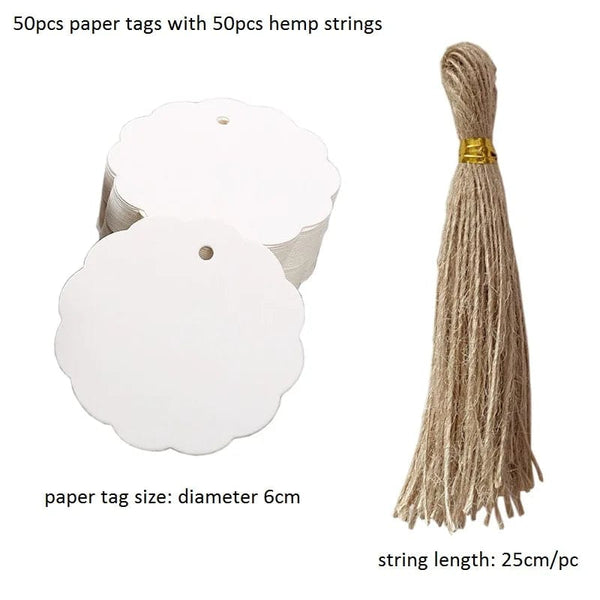 Planet Gates G-dia 6cm-white 50pcs Kraft Paper Tags White Cardboard Cards with Strings Wedding Birthday Christmas Party Gift Tag Cookie Packaging Supplies