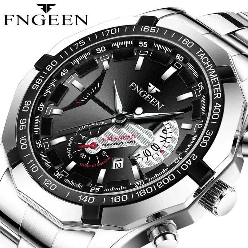 Planet Gates G silver black Luxury Men's Watches Stainless Steel Band Fashion Waterproof Quartz Watch For Man Calendar Male Clock Reloj Hombre FNGEEN S001