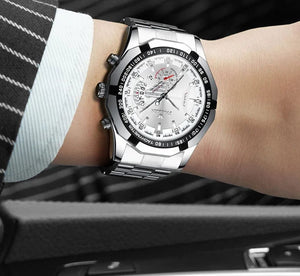 Planet Gates G silver black Luxury Men's Watches Stainless Steel Band Fashion Waterproof Quartz Watch For Man Calendar Male Clock Reloj Hombre FNGEEN S001