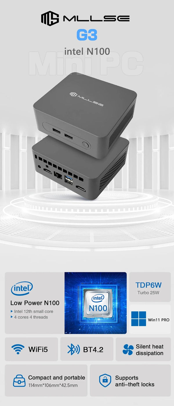 Planet Gates G3 / us / 8GB RAM 256GB ROM MLLSE G3 Mini PC Gemini-Lake N100 Windows 11 Pro Intel 12th DDR4 8GB RAM 256GB ROM WiFi 5 BT4.2 Desktop Computer Mini Pc Work