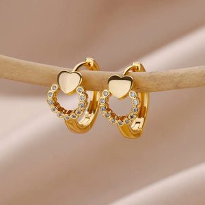 Planet Gates G4 / CHINA Heart Stainless Steel Earrings for Women Zircon Gold Color Hoop Earring Aesthetic Waterproof Ear Piercing Jewelry Accessories